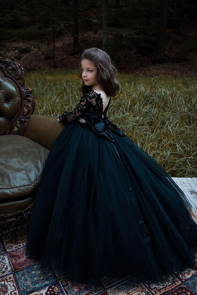 Sweetheart Illusion Neck Lace Long Sleeve Tulle Flower Girl Dresses 617804439666 - 10 Days / Black / 2 - COCOMELODY